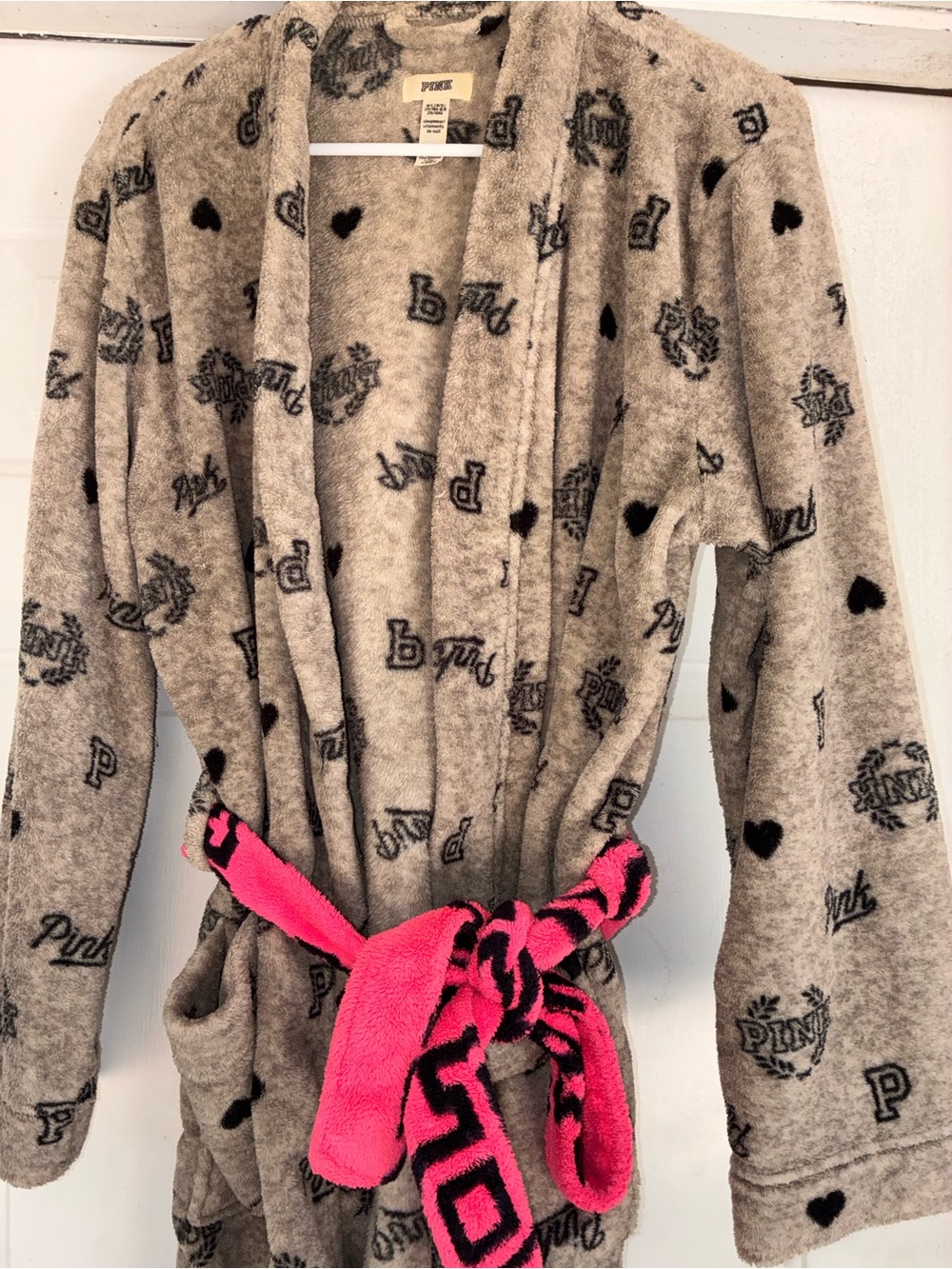 PINK Victoria's Secret Gray Fleece Kids Robe with Hot Pink Belt